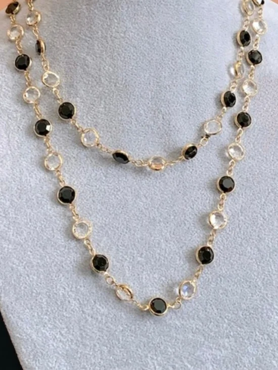 Swarovski Swan Signed Clear Black Bezel Crystals Gold Tone Necklace - Picture 2 of 6